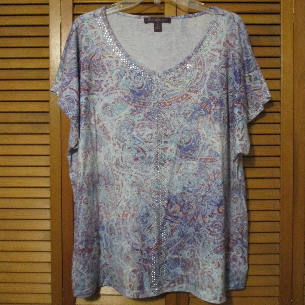 Gloria Vanderbilt top blue & pinks, V neck w/bling lightweight stretchy size 1x